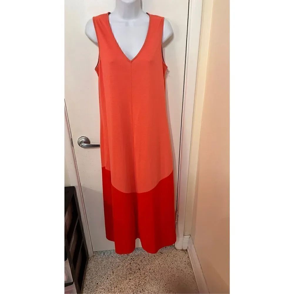Natori Women's V Neck Sleeveless Colorblock Maxi Dress Peach Orange Size Small
